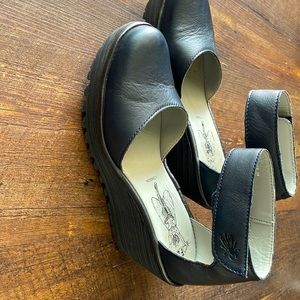Fly London Navy Blue wedge sandals size 8